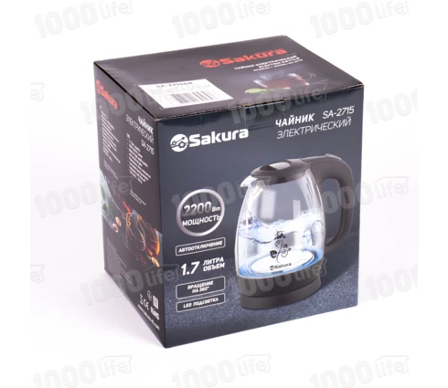 Чайник электрический Sakura SA-2715GR, зеленый, стекло, подсветка, 1,7 л, 1850-2200 Вт
