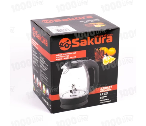 Чайник электрический Sakura SA-2715R, красный, стекло, подсветка, 1,7 л, 1850-2200 Вт