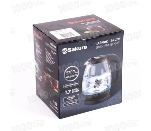 Чайник электрический Sakura SA-2715V, фиолетовый, стекло, подсветка, 1,7 л, 1850-2200 Вт