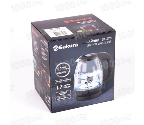 Чайник электрический Sakura SA-2715W, белый, стекло, подсветка, 1,7 л, 1850-2200 Вт