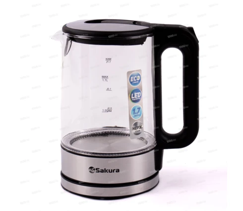 Чайник электрический Sakura SA-2726SBK, черный, стекло, подсветка, 1,7 л, 1850-2200 Вт