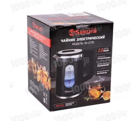 Чайник электрический Sakura SA-2735BK, черный, стекло, пластик, подсветка, 2,0 л, 1800 Вт