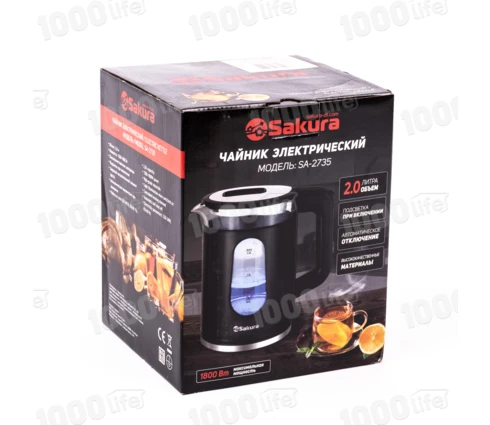 Чайник электрический Sakura SA-2735W, белый, стекло, пластик, подсветка, 2,0 л, 1800 Вт