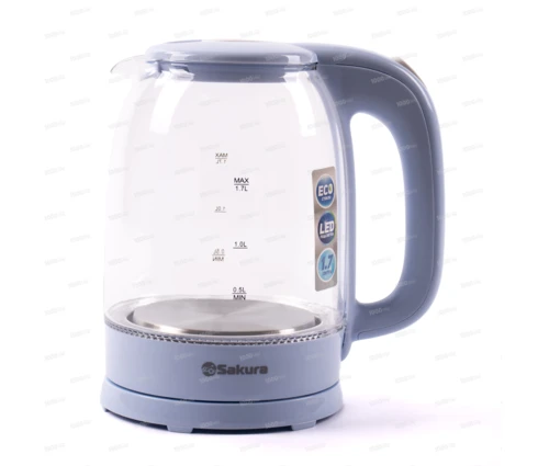 Чайник электрический Sakura SA-2740BL, голубой, стекло, подсветка, 1,7 л, 1850-2200 Вт