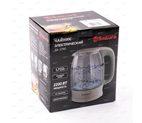 Чайник электрический Sakura SA-2740BL, голубой, стекло, подсветка, 1,7 л, 1850-2200 Вт