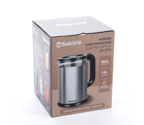 Чайник электрический Sakura SA-2742MS, стальной металлик, стекло, 1,8 л, 1800 Вт