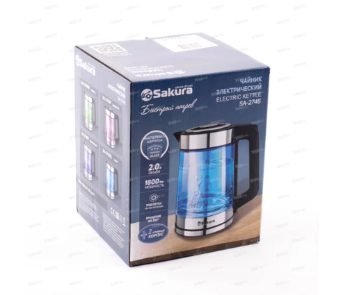 Чайник электрический Sakura SA-2746BL, стекло, подсветка, 2 л, 1500-1800 Вт