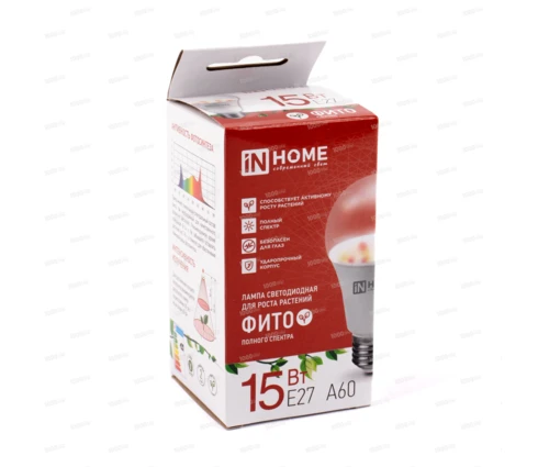 Фитолампа IN HOME, 15 Вт, E27, A60, Полный спектр