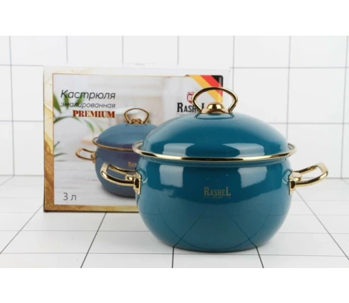 Кастрюля RasheL, 5 л, эмалированная крышка, цвет бирюзовый, ручки хром