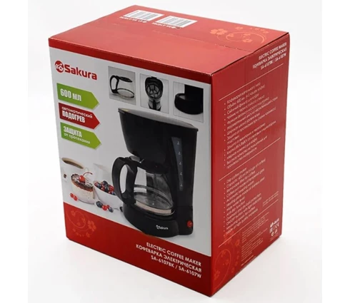 Кофеварка капельная Sakura SА-6107ВК, черная, 600 мл, 550-650 Вт