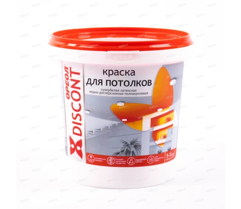 Краска водно-дисперсионная Ореол Дисконт, для потолков, супербелая, матовая, 1,5 кг