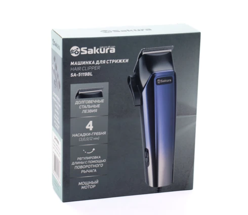 Машинка для стрижки Sakura SA-5119BL, черно-синяя, 4 насадки
