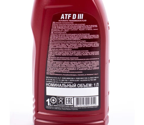 Масло для автоматических трансмиссий Favorit ATF D III, 1 л, 100% Synthetic