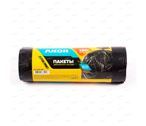 Мешки для мусора AKOR ПВД, 180 л, черные, 10 шт в рулоне