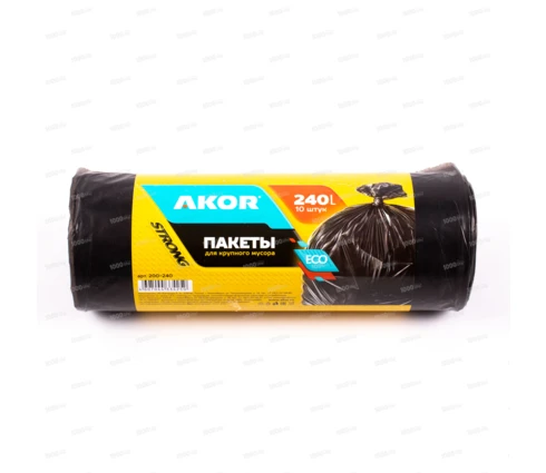 Мешки для мусора AKOR ПВД, 240 л, черные, 10 шт в рулоне