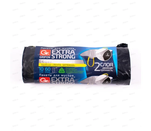 Мешки для мусора GRIFON, 60 л, 60*70 см, двухслойные, с завязками, 10 шт в рулоне