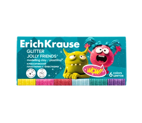 Пластилин ErichKrause Jolly Friends Glitter со стеком, 6 цветов