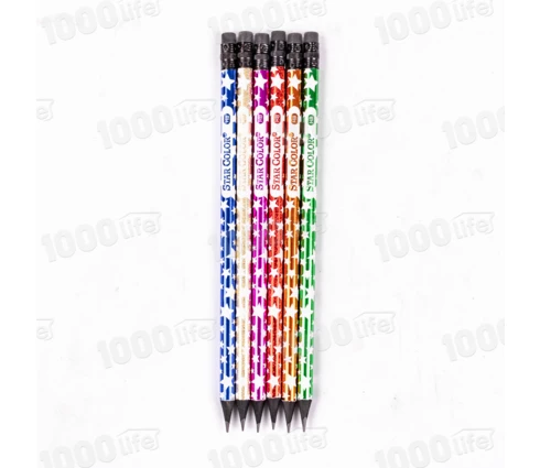 Карандаш чернографитный Star Color Звезды, дерево, круглый, с ластиком