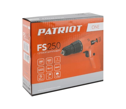 Шуруповерт сетевой PATRIOT FS 250, 220 В, 280 Вт, 19 Нм, 1 скорость, коробка