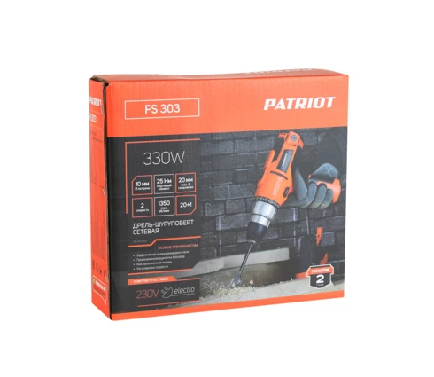 Шуруповерт сетевой PATRIOT FS 303, 220 В, 330 Вт, 25 Нм, 2 скорости, коробка
