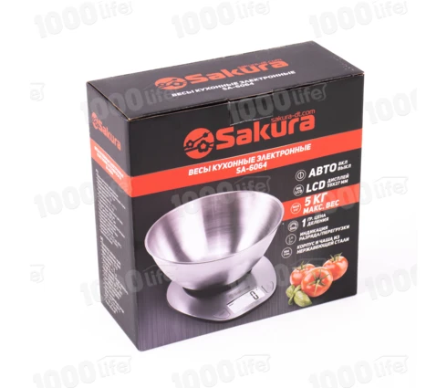 Весы кухонные Sakura SA-6064, нержавеющая сталь, электронные, до 5 кг